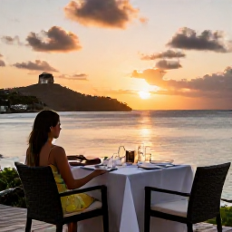 Caribbean Holidays, January Antigua, Sunset dining scene at an adults-only restaurant in Antigua, with a table overlooking the Caribbean Sea and warm evening light