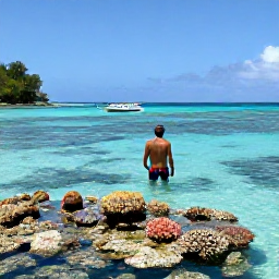 Caribbean Holidays, January Antigua, Traveller snorkelling in clear shallow water beside a colourful coral reef near Antigua, with a small boat in the background