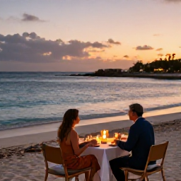 Caribbean Holidays, January Aruba Adults Only, Couple enjoying a candlelit dinner beside the beach in Aruba on a warm January evening