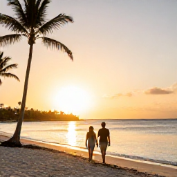 Caribbean Holidays, January Aruba Adults Only, Couple walking barefoot along Eagle Beach in Aruba at sunset, with palm trees and calm Caribbean water