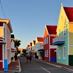 Caribbean Holidays, January Aruba Holidays, Colourful streets and Dutch-Caribbean architecture in Oranjestad, Aruba, with shops and pedestrians in warm afternoon sunlight