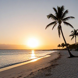 Caribbean Holidays, January Aruba Holidays, Golden sunset over Eagle Beach in Aruba, with soft sand, calm sea and silhouettes of palm trees