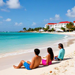 Caribbean Holidays, January Aruba Holidays, Happy couple relaxing on a sunny Aruba beach near an all-inclusive resort, with turquoise water and palm trees
