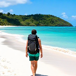 Caribbean Holidays, January Backpacking, A backpacker arriving on a sunny Grenada beach in January, with a rucksack, turquoise sea and green hills in the background