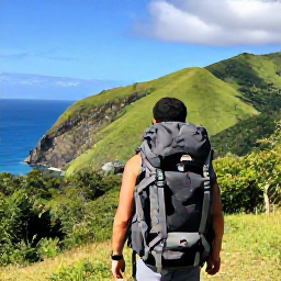 Caribbean Holidays, January Backpacking, A backpacker arriving on Montserrat with a rucksack, lush green hills and the Caribbean Sea in the background, bright January sunshine