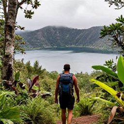 Caribbean Holidays, January Backpacking, A backpacker hiking through lush Grand Etang rainforest in Grenada, with a crater lake, tropical plants and misty mountains