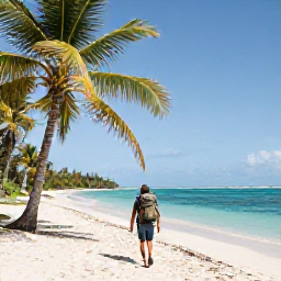 Caribbean Holidays, January Backpacking, A backpacker walking along a quiet tropical beach on Saint Vincent with palm trees, turquoise water and a small rucksack