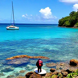 Caribbean Holidays, January Backpacking, A quiet Caribbean cove on Grenada with a backpack, snorkeller and clear blue water over a colourful reef
