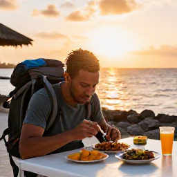 Caribbean Holidays, January Backpacking, A relaxed backpacker eating local Grenadian food at an outdoor seaside table at sunset