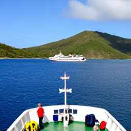 Caribbean Holidays, January Backpacking, A small inter-island ferry approaching Bequia in the Grenadines, with bright blue sea, green hills and travellers on deck