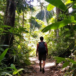 Caribbean Holidays, January Backpacking, Backpacker in a rainforest trail near Argyle Waterfall in Tobago, surrounded by lush tropical vegetation and sunlight