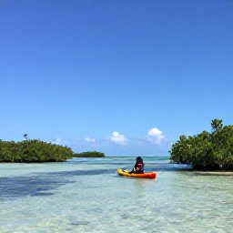 Caribbean Holidays, January Backpacking, Backpacker kayaking through clear shallow water among mangroves and small islands in The Bahamas, with bright blue January skies