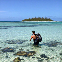 Caribbean Holidays, January Backpacking, Backpacker snorkelling in clear shallow water near the Tobago Cays, with colourful fish, coral and uninhabited sandy islands