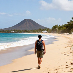 Caribbean Holidays, January Backpacking, Backpacker walking along a quiet Caribbean beach on Saint Kitts in warm January sunshine, with volcanic hills in the distance