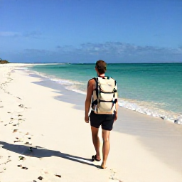 Caribbean Holidays, January Backpacking, Backpacker walking along a quiet white-sand beach in The Bahamas during a sunny January morning, with turquoise water and a light travel pack