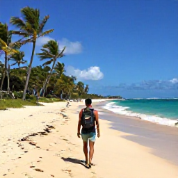 Caribbean Holidays, January Backpacking, Backpacker walking along a sunny Barbados beach in January, with turquoise sea, golden sand and swaying palm trees