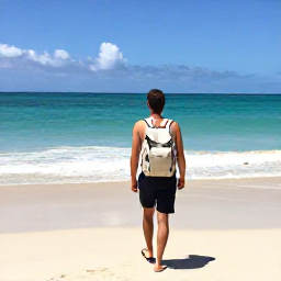 Caribbean Holidays, January Backpacking, Backpacker walking along a sunny Caribbean beach in Trinidad and Tobago in January, with a light rucksack and turquoise sea