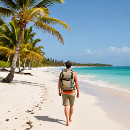 Caribbean Holidays, January Backpacking, Backpacker walking along a sunny Caribbean beach with a lightweight rucksack, palm trees and turquoise sea