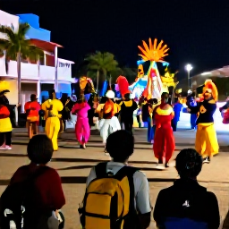 Caribbean Holidays, January Backpacking, Backpacker watching a colourful Junkanoo parade in Nassau at night, with musicians, dancers and bright costumes