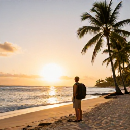 Caribbean Holidays, January Backpacking, Backpacker watching sunset from a quiet Saint Kitts beach, with palm trees and golden Caribbean light