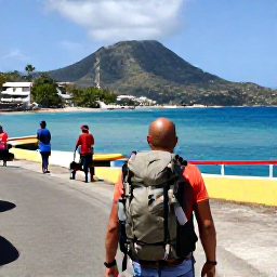 Caribbean Holidays, January Backpacking, Backpacker with a daypack arriving at a lively Caribbean harbour in Saint Vincent, tropical hills and blue sea in the background