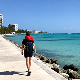 Caribbean Holidays, January Backpacking, Backpacker with a lightweight rucksack walking along a sunny Nassau waterfront in The Bahamas in January