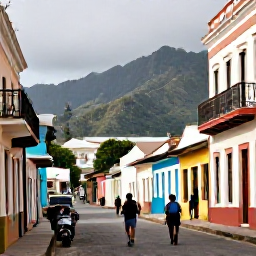 Caribbean Holidays, January Backpacking, Backpackers exploring a colourful historic Caribbean town with colonial buildings, scooters and mountains in the background