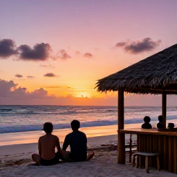 Caribbean Holidays, January Backpacking, Backpackers watching a colourful Caribbean sunset from a relaxed beach bar, with gentle waves and warm evening light
