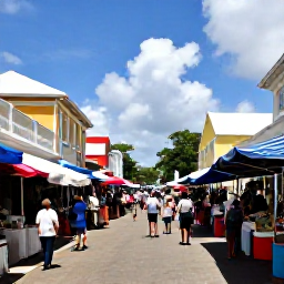 Caribbean Holidays, January Backpacking, Colourful Bridgetown street scene in Barbados with market stalls, historic buildings and backpackers exploring