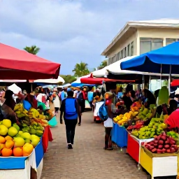 Caribbean Holidays, January Backpacking, Colourful Caribbean market street with local fruit stalls, friendly vendors and backpackers browsing