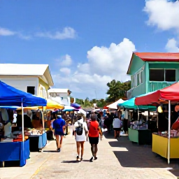 Caribbean Holidays, January Backpacking, Colourful local market street in Nassau, The Bahamas, with independent shops, food stalls and backpackers exploring in January sunshine
