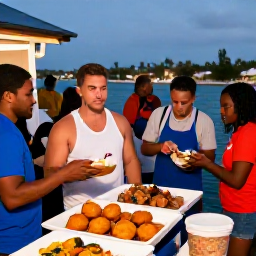 Caribbean Holidays, January Backpacking, Friendly Bahamian food stall serving conch fritters and fresh seafood to travellers at a lively evening gathering by the waterfront