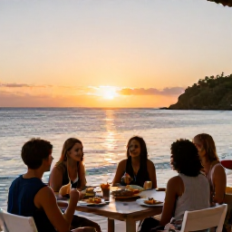Caribbean Holidays, January Backpacking, Friendly travellers sharing a simple meal at a relaxed seaside caf&eacute; in the Grenadines at sunset