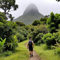 Caribbean Holidays, January Backpacking, Hiker on a green trail through Saint Kitts rainforest, with Mount Liamuiga rising behind misty trees