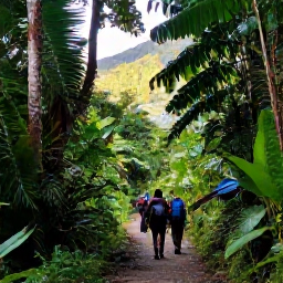 Caribbean Holidays, January Backpacking, Hikers walking through lush rainforest on the Vermont Nature Trail in Saint Vincent, with tropical foliage and mountain light