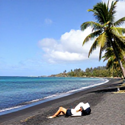 Caribbean Holidays, January Backpacking, Quiet black volcanic sand beach on Montserrat with turquoise water, palms and a solo traveller relaxing in January