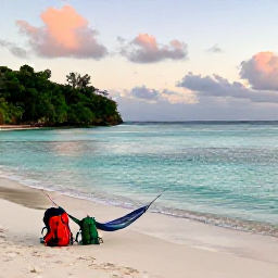 Caribbean Holidays, January Backpacking, Quiet Caribbean beach in the Grenadines at sunset, backpack, hammock and calm turquoise sea in the foreground