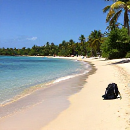 Caribbean Holidays, January Backpacking, Quiet sandy beach and clear shallow water at Pigeon Point in Tobago, with palm trees and a backpack resting nearby