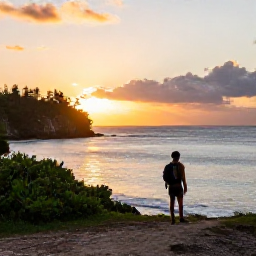 Caribbean Holidays, January Backpacking, Scenic Barbados coastline at sunset with a lone backpacker looking across the sea, warm light and tropical landscape