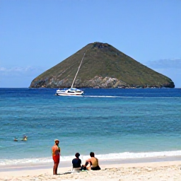 Caribbean Holidays, January Backpacking, Small boat approaching Nevis with Mount Nevis behind, bright Caribbean sea and relaxed travellers on the shore
