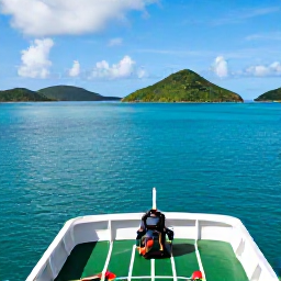 Caribbean Holidays, January Backpacking, Small inter-island ferry crossing turquoise water between Saint Vincent and the Grenadines, with green islands and a backpacker on deck