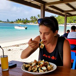 Caribbean Holidays, January Backpacking, Traveller eating conch salad at a casual waterside food stall with boats and palm trees in the background