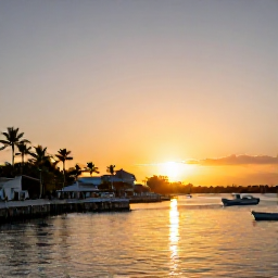 Caribbean Holidays, January Bahamas, Golden sunset over a calm Bahamian harbour with palm trees, small boats and warm evening light