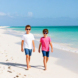Caribbean Holidays, January Bahamas Holidays, A happy family walking along a bright white sandy beach in The Bahamas in January, clear turquoise water and gentle sunshine