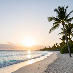 Caribbean Holidays, January Bahamas Holidays, Adults-only beachfront resort in The Bahamas at sunrise, calm turquoise sea, white sand and palm trees