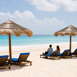 Caribbean Holidays, January Bahamas Holidays, Couple relaxing on a white-sand Bahamian beach in January, turquoise water, shaded loungers and soft tropical sunlight
