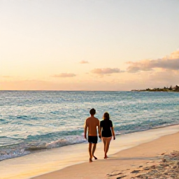 Caribbean Holidays, January Bahamas Holidays, Couple walking along a quiet Bahamian beach at sunset, with soft golden light and calm turquoise sea
