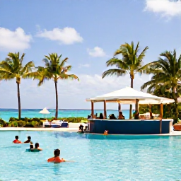 Caribbean Holidays, January Bahamas Holidays, Elegant adults-only resort pool in The Bahamas with swim-up bar, palm trees and guests enjoying a sunny January afternoon