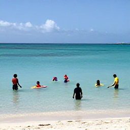 Caribbean Holidays, January Bahamas Holidays, Family enjoying a calm beach day in Nassau, The Bahamas, with children paddling in shallow turquoise water