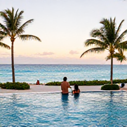 Caribbean Holidays, January Bahamas Holidays, Family relaxing beside a tropical resort pool overlooking the turquoise sea in The Bahamas at sunset